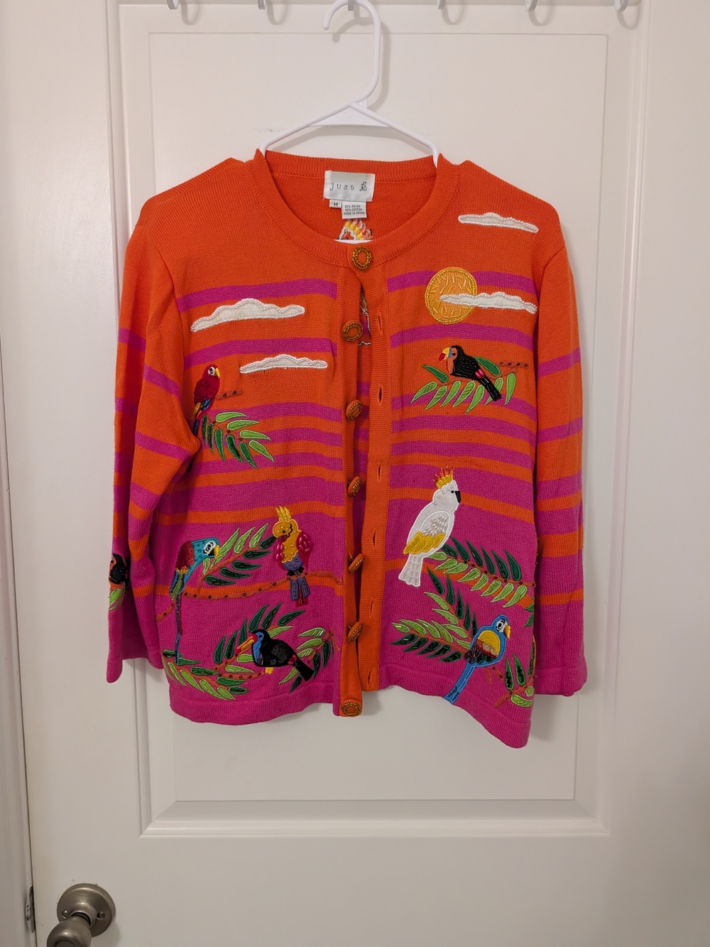 Just B Tropical Parrot Bird Embellished Cardigan Sweater M Pink Orange